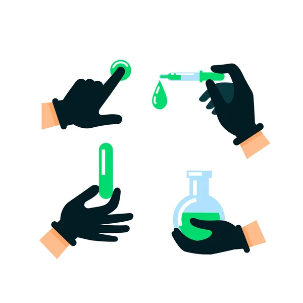 医生或科学家手在乳胶手套。核能。手放在手持有害物质的防护手套上。医学、科学和生物学概念。平的样式向量例证. — 图库矢量图片