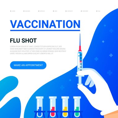 Aşılama kavramı. Doktorlar el bir şırınga ve metin için yer. Web afiş, makaleler, infographics için kullanılabilir. Düz vektör çizim