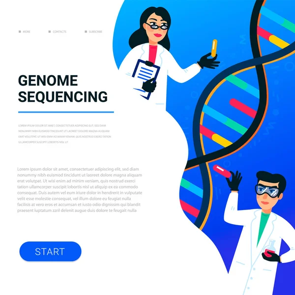 Concepto de secuenciación del genoma. Científicos que trabajan en nanotecnología o laboratorio de bioquímica. Hélice molecular de ADN, genoma o estructura génica. Proyecto de genoma humano. Ilustración de vector de estilo plano — Vector de stock