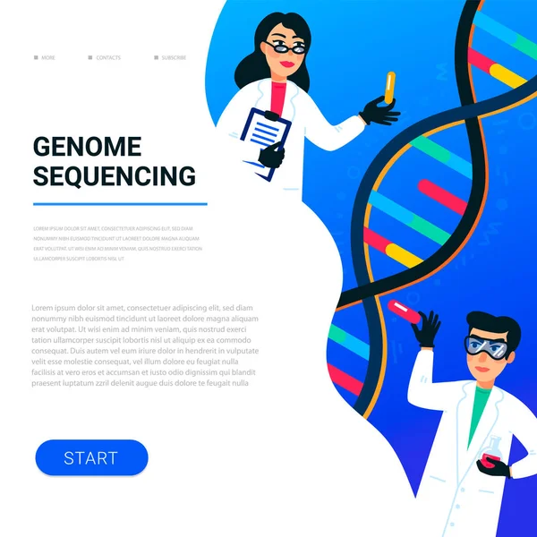 Concept de séquençage génomique. Scientifiques travaillant dans un laboratoire de nanotechnologie ou de biochimie. Molécule hélice d'ADN, génome ou structure génique. Projet du génome humain. Illustration vectorielle de style plat — Image vectorielle