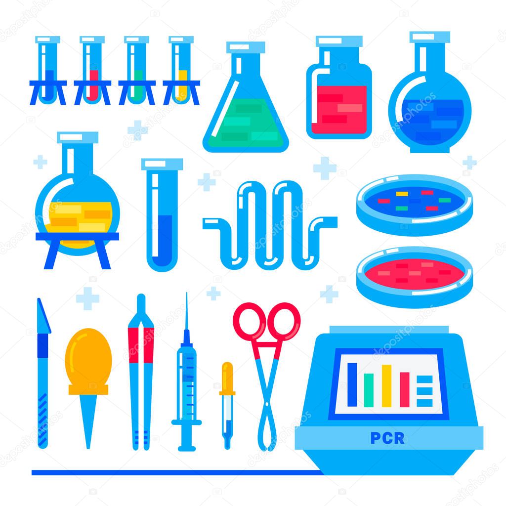 Nanotechnology and biochemistry. Polymerase chain reaction PCR machine and Laboratory equipment. Flask, vial, test-tube, glass retorts. Human genome sequencing project. Flat style vector illustration.