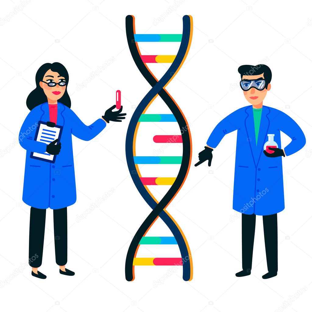 Human genome research. Scientist working with a dna helix, genome or gene structure. Human genome project. Flat style vector illustration.