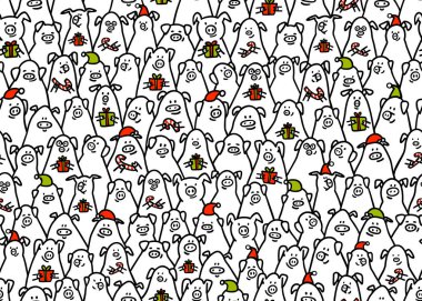 Domuz seamless modeli. Baston şekerler, hediyeler ve santa şapkalar komik domuzlarla. 2019 Çin yeni yılı sembolleri. Arka planlar, baskı, kağıt ambalaj için stil karakter doodle. Vektör çizim