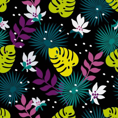 Dikişsiz tropikal desen. Moda tekstil desen dekoratif yaprakları, çiçekleri ve koyu arka plan üzerinde şube ile. Vektör çizim.