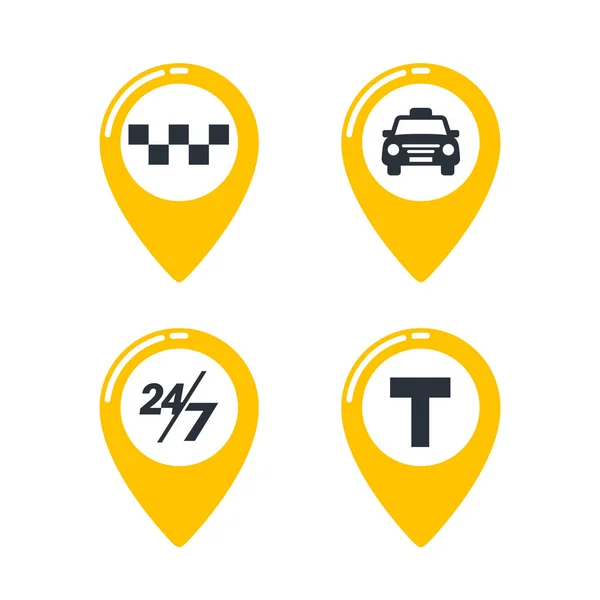 Iconos de servicio de taxi. Alfileres del mapa del taxi con las damas, coche del taxi, T-muestra y veinticuatro siete muestra en fondo blanco. lat estilo Vector ilustración . — Vector de stock