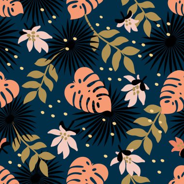 Sorunsuz çiçek desenli. Moda tekstil desen Dekoratif tropikal yaprak ve çiçek üzerinde koyu mavi arka plan ile. Vektör çizim.