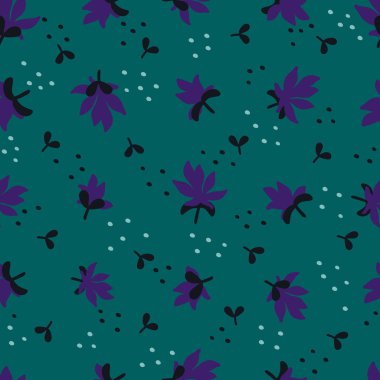 Sorunsuz çiçek desenli. Moda tekstil desen küçük mor çiçek ve yaprak deniz mavisi zemin üzerine. Vektör çizim.