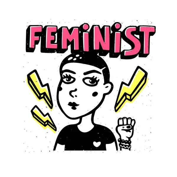 Impressão feminista. Retrato feminino e texto feninista sobre fundo branco. Movimento feminista, ação de protesto, poder feminino. Ilustração vetorial . — Vetor de Stock