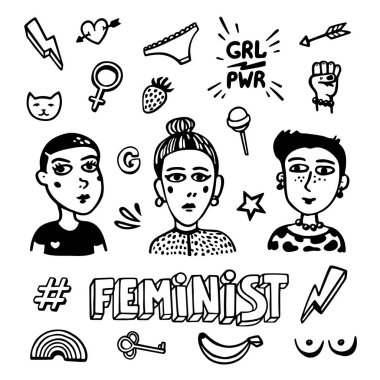 Siyah ve beyaz Feminist sembolleri ayarlayın. Feminist hareketin, protesto, kız gücü. Siyah ve beyaz vektör çizim