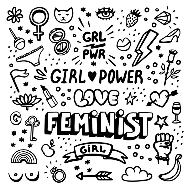 Feminismus-Symbole gesetzt. Feministische Bewegung, Protest, Girl Power. Schwarz-weiße Vektorabbildung. — Stockvektor