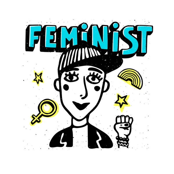 Feministischer Druck. Mädchenporträt und Feninistentext auf weißem Hintergrund. Feministische Bewegung, Protestaktionen, Girl Power. Vektorillustration. — Stockvektor