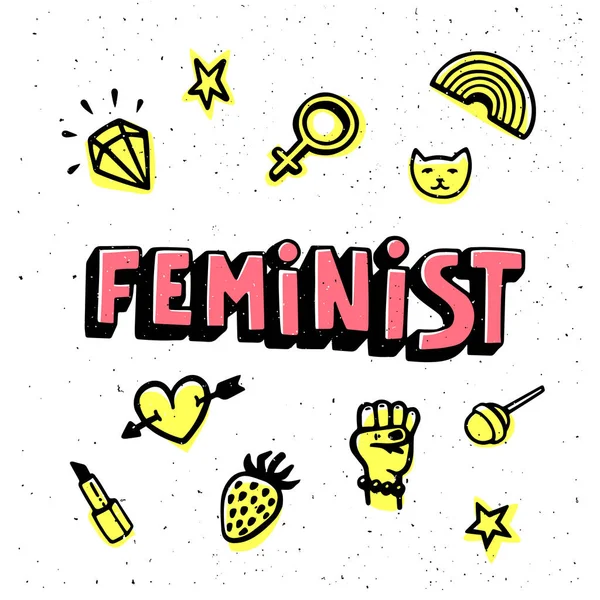 Feminist card. Feminist hand drawn inscription and bright icons for print, brochure, greeting card, bag, clothing. Vector illustration. — Stock Vector