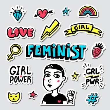 Feminist etiket kümesi. Feminist şirin el illüstrasyon baskı, broşür, tebrik kartı, çanta, giyim için çizimi. Kız portre, yazıtlar ve pimleri ve çıkartmaları için simgeler. Vektör çizim.