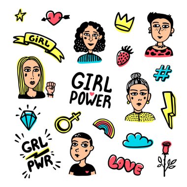 Feminist etiket kümesi. Feminist şirin el illüstrasyon baskı, broşür, tebrik kartı, çanta, giyim için çizimi. Kız portre, yazıtlar ve pimleri ve çıkartmaları için simgeler. Vektör çizim.