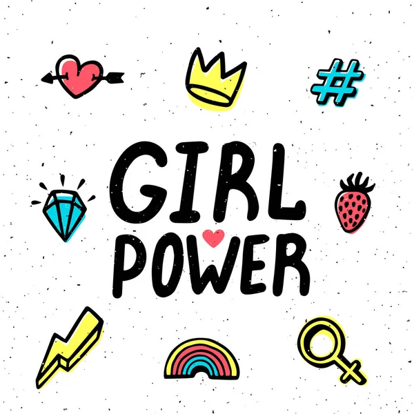Girl power card. Girl Power hand drawing inscription and colorful icons. Vector illustration — Stock Vector