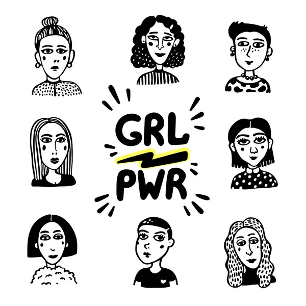 Girl power movement. Doodle style Girl portraits and feminist slogan grl pwr on white background. Feminist movement, protest action, girl power. Vector illustration. — Stock Vector