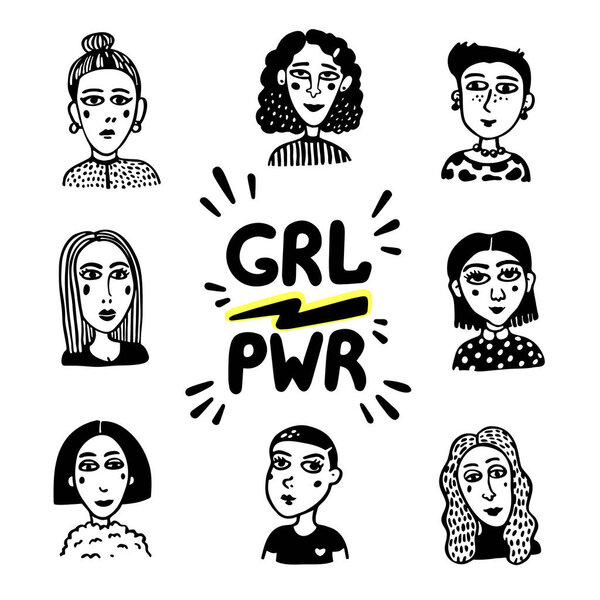 Girl power movement. Doodle style Girl portraits and feminist slogan grl pwr on white background. Feminist movement, protest action, girl power. Vector illustration.