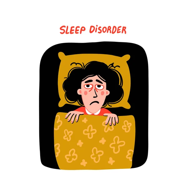 Psychologie. Slaapstoornis. Vrouw teken met slapeloosheid in bed. Slapeloze vrouwelijke persoon met vermoeide verdriet gezicht en rode ogen. Doodle verdiep platte vectorillustratie. — Stockvector