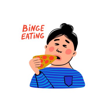 Psikoloji. Tıkınırcasına yeme. Dilim pizza ile kadın karakter. Kilolu kadın kişi overeating gelen acı. Doodle slyle düz vektör çizim.