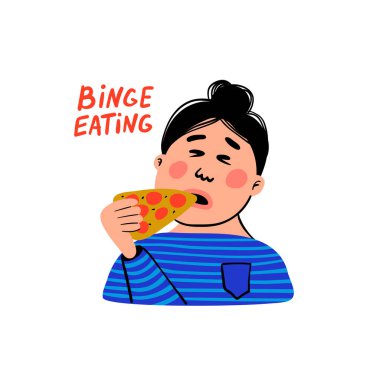 Psychology. Binge eating. Woman character with slice of pizza. Overweight female person suffering from overeating. Doodle slyle flat vector illustration. clipart