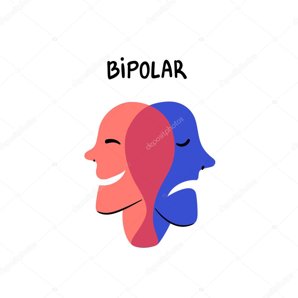 Psychology. Bipolar. Smiling and sad heads merge in one Person suffering from bipolar disorder. Doodle slyle flat vector illustration.