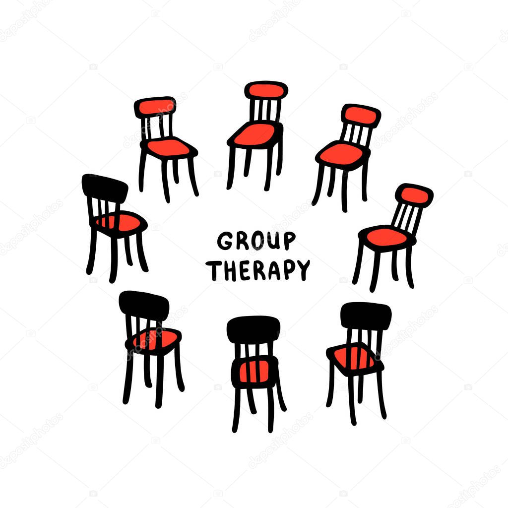 Psychology. Group therapy. Hand drawn chairs arranged in a circle. Group suuport for people suffering psychology disorders and addictions. Doodle slyle flat vector illustration