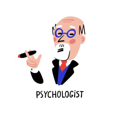Psikoloji. Psikolog. Adam karakteri ile gözlük ve puro. Psikoloji yardım kavramı, psikoterapi, psikolojik sorunların çözüm. Doodle tarzı düz vektör çizim.