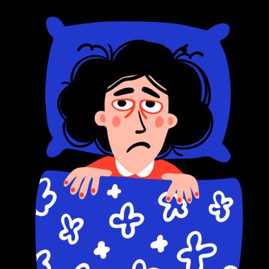 Psikoloji. Uyku bozukluğu. Uykusuzluk yatakta kadın karakter. Uykusuz kadın kişi yorgun üzüntü yüz ve kırmızı gözleri olan. Doodle tarzı düz vektör çizim.