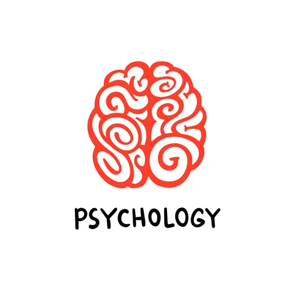 Psychologia. Logo mózgu. Mózgu ozdobny czerwony ilustracja w widoku z góry na białym tle. Doodle stylu płaski wektor ilustracja. — Wektor stockowy