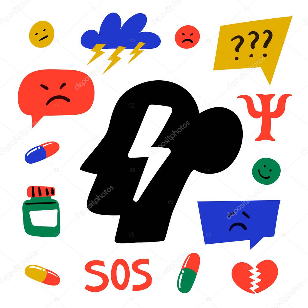 Psychology. Psychological help. Set of hand drawn icons on theme of psychology. Psychology, brain and mental health vector icons or logos set. Doodle style flat vector illustration.