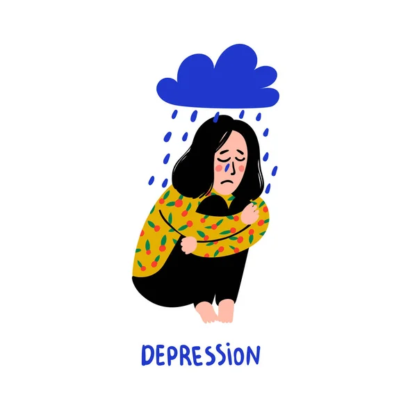Psychologie. Depressionen. trauriges, unglückliches Mädchen, das unter Regenwolken sitzt. junge Frau in Depressionen, die ihre Knie umarmt und weint. Doodle-Stil flache Vektorillustration — Stockvektor