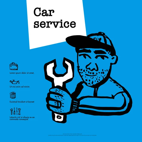 Car service concept. Web banner with scene presents workers in car service, tire service, car repair etc. Doodle ink style vector illustration. — Stock Vector