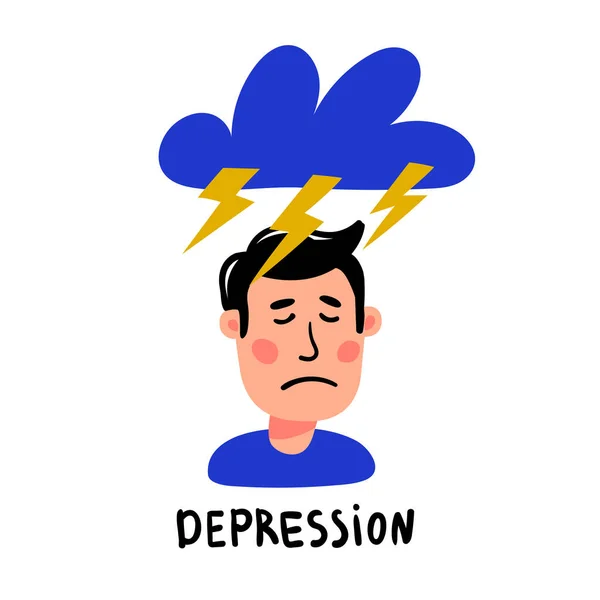 Psychologie. Depressionen. depressiver Männercharakter mit Gewitterwolke und Blitzen über dem Kopf. Doodle-Stil flache Vektorillustration — Stockvektor