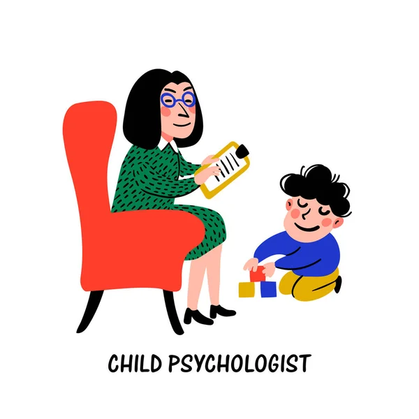 Psikoloji. Çocuk psikologu. Kadın psikolog çocuk sınar. Okul için hazırlık. Doodle tarzı düz vektör çizim — Stok Vektör