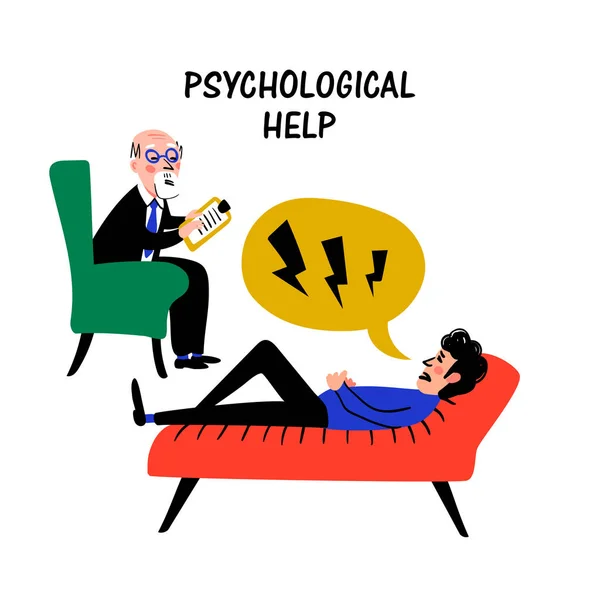 Psychologia. Pomoc psychologiczna. Lekarz i pacjent, człowiek leżący na kanapie i rozmowy z psychologiem lub psychoterapeutą. Doodle stylu płaski wektor ilustracja — Wektor stockowy