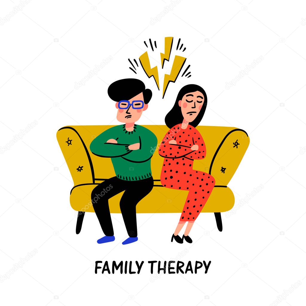 Psychology. Family therapy. Unhappy family couple characters on psychologist session, psychotherapy counseling. Psychology, brain and mental health. Doodle style flat vector illustration