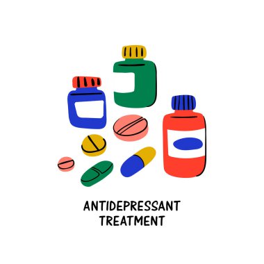 Psikoloji. Antidepresan tedavi. Kavanoz ve hap ilaç. Stres ve depresyon karşı tıbbi tedavi. Doodle tarzı düz vektör çizim.