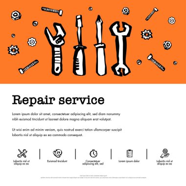 Araba hizmet anlayışı. Araba parçaları ve araçları, Araba Servisi, lastik Servisi ile ayarla, arabayı tamir vs. Mürekkep stili vektör çizim doodle.