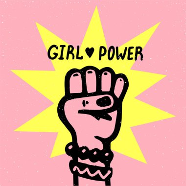 Kız güç hareketi. Doodle tarzı kız portre ve feminist sloganı grl pwr beyaz arka plan üzerinde. Feminist hareketin, protesto eylemi, kız gücü. Vektör çizim.