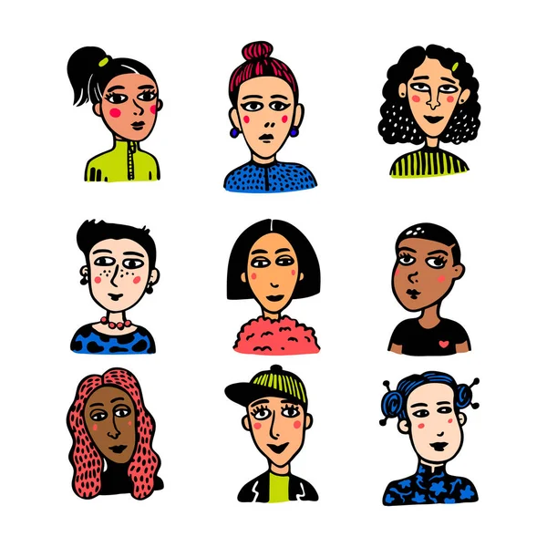 Girl power beweging. Doodle stijl meisje portretten witte achtergrond. Feministische beweging, protestactie. Vectorillustratie. — Stockvector