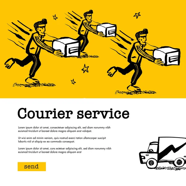 Kurierdienstkonzept. Web-Banner mit Lieferanten, die eine Schachtel auf gelbem Hintergrund übergeben. Doodle Tinte Stil Vektor Illustration. — Stockvektor