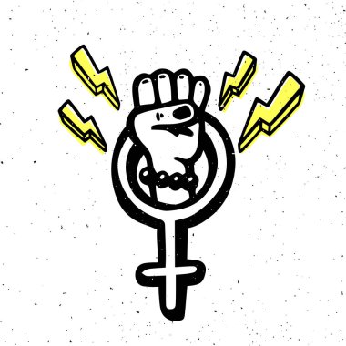 Kız güç hareketi. Doodle stil dişi sembolü ve beyaz arka plan üzerinde yükseltilmiş yumruk. Feminist hareketin, protesto eylemi, kız gücü. Vektör çizim.