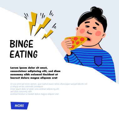 Psikoloji. Tıkınırcasına yeme. Dilim pizza ile kadın karakter. Kilolu kadın kişi overeating gelen acı. Doodle slyle düz vektör çizim.