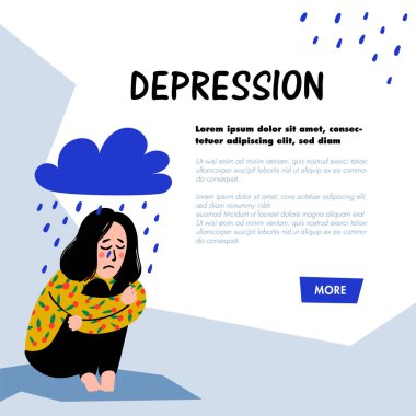 Psikoloji. Depresyon. Yağmur bulutu altında oturan üzgün, mutsuz kız. Genç kadın diz sarılma ve ağlayarak depresyon. Doodle tarzı düz vektör çizim