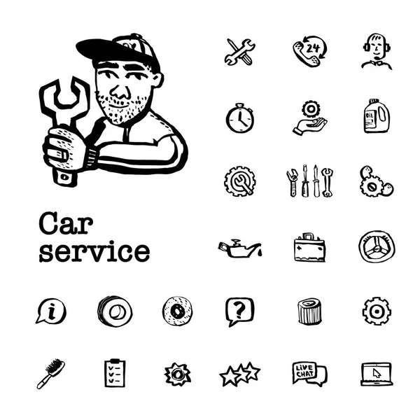 Concetto di servizio auto. Set con parti e strumenti per auto, servizio auto, servizio pneumatici, riparazione auto ecc. Illustrazione vettoriale stile inchiostro Doodle . — Vettoriale Stock