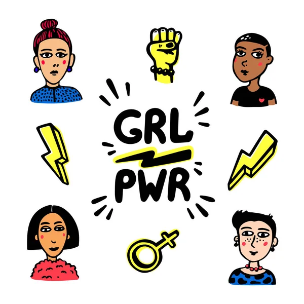 Girl power movement. Doodle style Girl portraits and feminist slogan grl pwr on white background. Feminist movement, protest action. Vector illustration. — Stock Vector