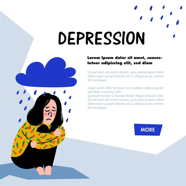 Pszichológia. Depresszió. Szomorú, boldogtalan lány, eső felhő alatt ül. Fiatal nő a depresszió, átölelve a térdére, és sír. Doodle stílus lapos vektoros illusztráció — Stock Vector