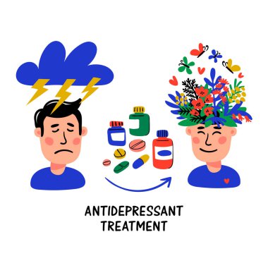 Psikoloji. Antidepresan tedavi. Kavanoz ve hap ilaç. Stres ve depresyon karşı tıbbi tedavi. Doodle tarzı düz vektör çizim.