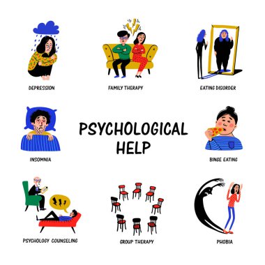 Psychological help. Set of hand drawn icons on theme of psychology. Mental problems, disorders and phobias. Doodle style flat vector illustration. clipart