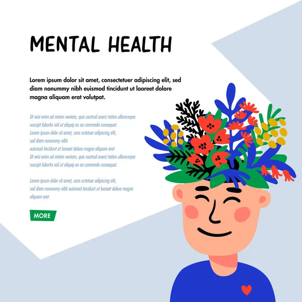 Psychology. Mental health. Man character with flower head. Mental health concept, good mood, harmony . Doodle style flat vector illustration.